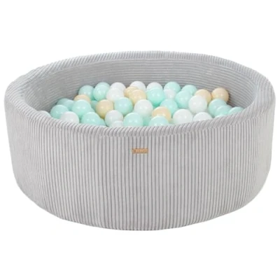 Abbildung von Bällebad Bällepool Bällebecken Spielbecken Kordsamt Bezug 300 Bälle rund ⌀90 cm (Farbe des Pools/der Bälle: grau/weiß, cappuccinofarben, mint)