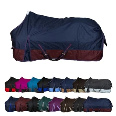 Abbildung von RL24 Winterdecke Weidedecke 600D Basicline atmungsaktive, Wind &amp; wasserdichte Outdoordecke mit Innenfutter Kreuzbegurtung Pferdedecke in Marine/Kastanie 85cm (300g/m² Füllung)