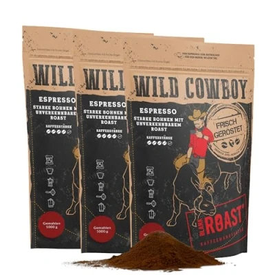 Abbildung von Blank Roast Wild Cowboy Espresso gemahlen für Filter 1kg (3er Pack) mit Hickoryholz geröstet Arabica &amp; Edel Robusta Blend aus Brasilien Uganda schokoladigen Nuancen säurearm