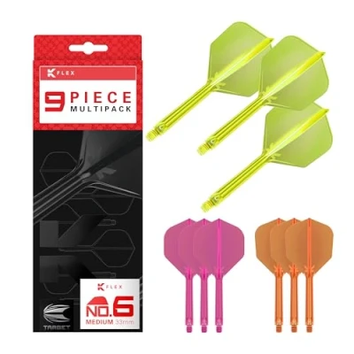 Abbildung von Target Darts K Flex Integrated Dart Flights and Shafts, Mittlerer Schaft (33 mm), Nr. 6 Flight, 9er Pack, Neon Pink, Orange &amp; Gelb Kflex 2 In 1 Flight und Schaft, professionelles Dartzubehör