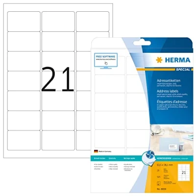 Abbildung von HERMA 8838 Adressetiketten für Inkjet Drucker, 25 Blatt, 63,5 x 38,1 mm, 21 pro A4 Bogen, 525 Stück, selbstklebend, bedruckbar, matt, blanko Adressaufkleber Etiketten Tintenstrahldrucker, weiß