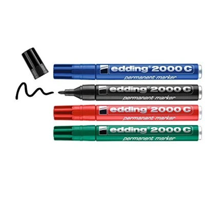 Abbildung von edding 2000 C Permanentmarker schwarz, rot, blau, grün 4 Stifte Rund Spitze 1,5 3 mm schnell trocknend, wasserfest, wischfest für Karton, Kunststoff, Holz, Metall Universalmarker