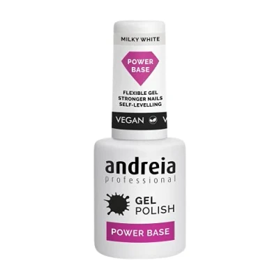 Abbildung von Andreia Professional Nude Gel Nagellack Power Base Hochviskose Basis für stärkere Nägel Aufbau Basisgel kleine Nagelverlängerungen Vegan Farbe Milchweiß 10,5 ml