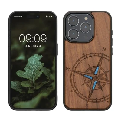 Abbildung von kwmobile Hülle kompatibel mit iPhone 15 Pro Holz Case Handy Cover TPU Handyhülle in Dunkelbraun Vintage Kompass Perlmutt