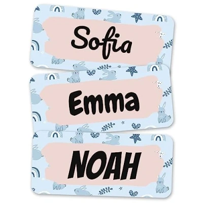 Abbildung von melu kids® Personalisierte Namensaufkleber Kinder Kleidung &amp; Sonstiges (50 Stück) Kita/Schule Namensschilder waschmaschinenfest und personalisiert (Hasen)