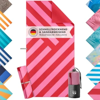 Abbildung von Blumtal Reisehandtuch Strandhandtuch 90x180 cm aus Mikrofaser kompakt &amp; schnelltrocknend, sandfrei mit Band Handtuch groß Wellen Muster