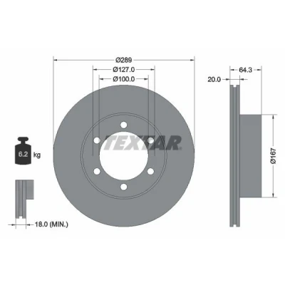 Abbildung von TEXTAR 92076300 Bremsscheibe 289 20 06/06 127 innenbelüftet ohne Radbefestigungsbolzen, Radnabe VOLKSWAGEN: Taro, TOYOTA: HILUX 5 Pick up