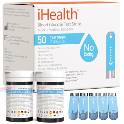 Abbildung von iHealth Blutzucker Teststreifen (50 Stück), Blutzuckertest, Präzisionszuckermessung für Diabetiker, Streifen funktionieren nur mit Blutzuckermessgeräten
