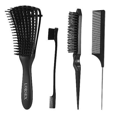 Abbildung von LORSEX Haarbürste, Entwirrbürste für Naturhaar Afro Haare 3a bis 4c Verworrenes, Welliges, Lockiges Haar, mit 3 Stück Toupier Bürste Set Doppelkanten und Kamm (Schwarz)