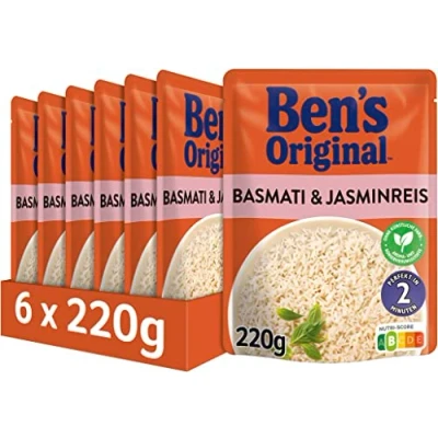 Abbildung von BEN&#039;S ORIGINAL Express Reis Basmati &amp; Jasmin Reis, ideale Zubereitung von Gerichten in der Pfanne, 6 Packungen (6 x 220g)