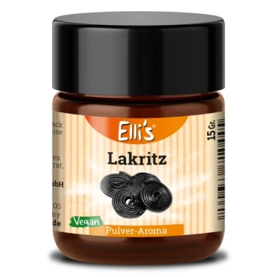 Abbildung von Ellis Aromen Lakritz PULVER Lebensmittelaroma Vegan und kalorienarm für Lebensmittel Getränke, wie zum Backen Kochen 10 g