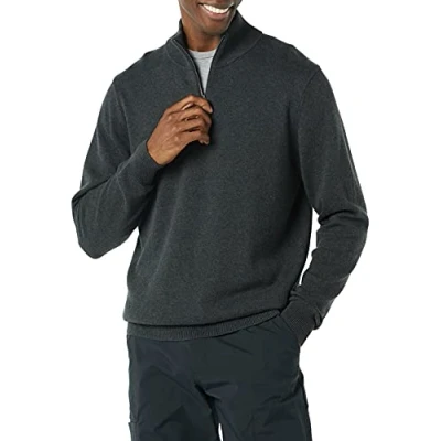Abbildung von Amazon Essentials Herren Pullover mit Viertelreißverschluss aus 100% Baumwolle, Dunkelgrau Meliert, S
