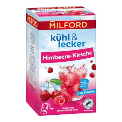 Abbildung von Milford kühl &amp; lecker Himbeere Kirsch Ohne Kalorien Zucker Laktosefrei Glutenfrei vegan 20 Teebeutel 50 g