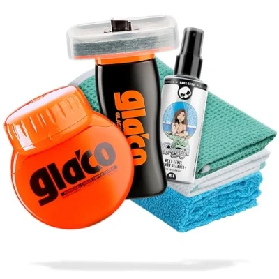 Abbildung von Detailmate Auto Scheiben Politur &amp; Versiegelung Set: SOFT99 Glaco Roll On Large 120 ml + Glasreiniger 2x Glas Mikrofasertuch Poliertuch Scheibenversieglung mit Lotuseffekt bis zu 2 Monate