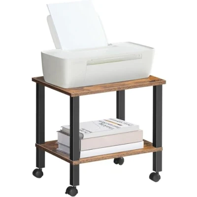 Abbildung von HOOBRO 2 Ebenen Druckertisch, Druckerwagen mit arretierbaren Rädern, Druckerständer unter Schreibtisch, Drucker Regal, Druckerhalter 38 x 28 cm, für Büro, Fax, Dunkelbraun und Schwarz EBF38PS01