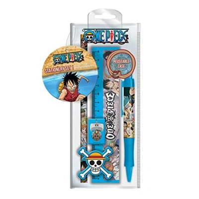 Abbildung von Pyramid Europe One Piece 5 teiliges Schreibwarenset mit Stift, Bleistift, Lineal, Bleistiftspitzer und Radiergummi Offizielles Lizenzprodukt