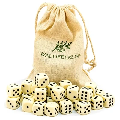 Abbildung von Waldfelsen 6, 12, 20, 30 oder 50 hochqualitative Würfel Standardgröße 16 mm Acrylwürfel Knobel Spielwürfel Dice 6 seitig sechsseitig Spielzubehör Set mit Stoffbeutel (Elfenbeinfarben, Stück)