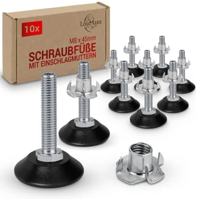 Abbildung von LouMaxx Stellfüße M8 x 45 mm inkl. Einschlagmutter 10er Set Regulierschraube höhenverstellbare Füße Schraubfuß Maschinenfuß, Schraubfüße höhenverstellbar M8x45