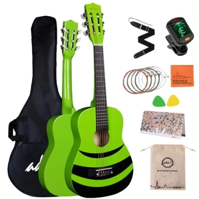 Abbildung von ADM 1/4 Kindergitarre Junior Konzertgitarre für Anfänger mit Stimmgerät, Tasche, Gurt, Zusätzlichen Saiten und Plektren, grün Honigbiene