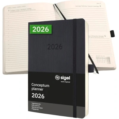 Abbildung von SIGEL C2620 Terminplaner Tageskalender 2026, ca. A5, schwarz, Softcover, 400 Seiten, Gummiband, Stiftschlaufe, Archivtasche, aus nachhaltigem Papier, Kalenderbuch Conceptum
