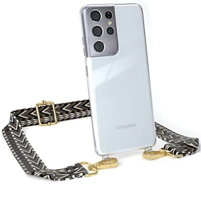 Abbildung von EAZY CASE Handykette Verstellbarer Gurt kompatibel mit Samsung Galaxy S21 Ultra, Schulterriemen, Flache Kordel, Handykordel Hülle, Hülle Kette, Grau/Schwarz Metall Gold