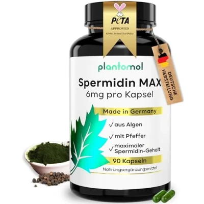 Abbildung von Spermidin Kapseln hochdosiert 6mg pro Kapsel Spermidine Gehalt durch externes Labor bestätigt MAX 3 Monatsvorrat