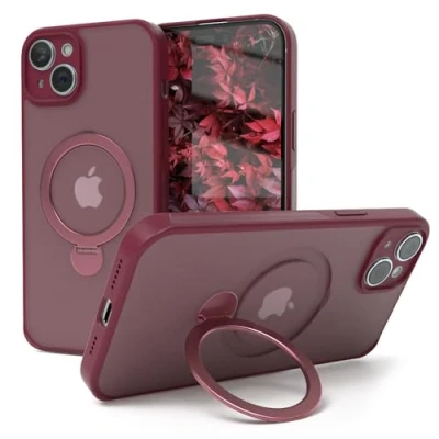 Abbildung von EAZY CASE MagSafe Handyhülle für iPhone 15 Plus kompatibel mit Hülle Ständer 360 Ring &amp; Magnetfunktion zum Aufstellen stoßfest Cover Dunkel Rot
