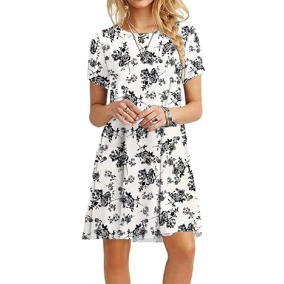 Abbildung von MOLERANI Damen Sommerkleider T Shirt Kurzarm Strandkleid Casual Loose Swing Damenkleid Floral Schwarz Weiß S