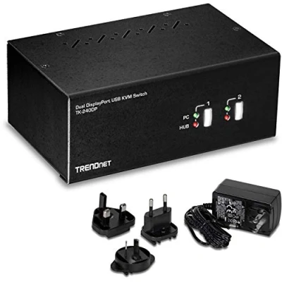 Abbildung von TRENDnet TK 240DP 2 Port DisplayPort KVM Switch mit zwei Monitoren und Audio, USB 2.0 Hub, 4K UHD Auflösungen bis zu 3840 x 2160, Anschluss zweier Monitore