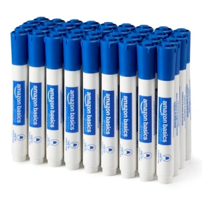 Abbildung von Amazon Basics Whiteboard Marker, geruchsarm, trocken abwischbar, feine Spitze, Blau, 36 Stück