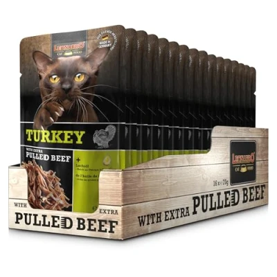 Abbildung von LEONARDO Frischebeutel [16x70g Turkey mit Fleischstreifen] Pulled Beef Getreidefreies Nassfutter für Katzen Alleinfuttermittel Katzenfutter