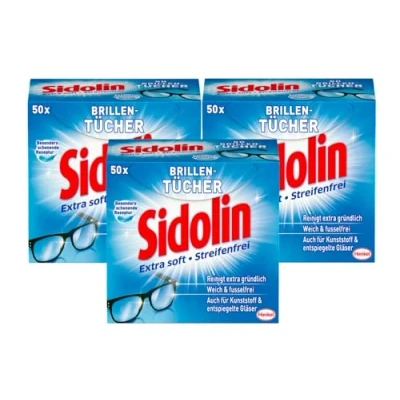 Abbildung von Sidolin Brillenputztücher 150 (3 x 50) Stück, feuchte Reinigungstücher für Brillen, Displays, Bildschirme, reinigen mühelos und fusselfrei, optimal unterwegs