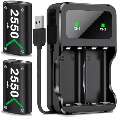 Abbildung von Controller Akkupack für Xbox mit 2X 2550mAh(5520mWh) wiederaufladbar Akku One/Xbox Series X/S Elite, Ladestation One 60% Schnelllade USB Anschluss Battery