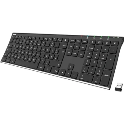 Abbildung von Arteck Kabellose Tastatur, Deutsches QWERTZ Layout Edelstahl Wiederaufladbare USB Anschluss 2,4 GHz Kabellos Tastatur mit Multimedia, Kompatibel PC, Computer, Notebook, Laptop, Windows 11, 10, 8
