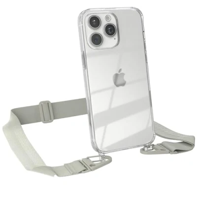 Abbildung von EAZY CASE Hülle mit Band kompatibel iPhone 15 Pro Max Handyhülle Umhängeband für Silikonhülle Transparent Schutzhülle Handykette zum Umhängen Handykordel in Taupe Grau