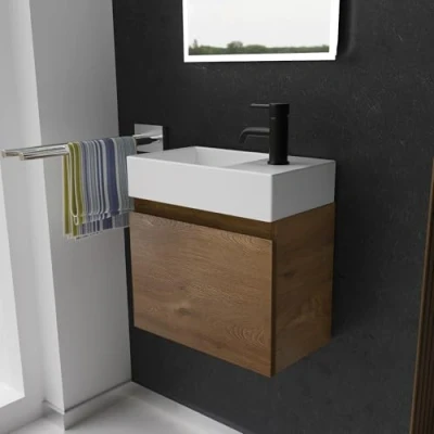 Abbildung von Alpenberger Gäste WC Waschbecken mit Unterschrank 45 cm Breit Waschtisch Set Klein Aufsatzwaschbecken Waschtischunterschrank Hängend Möbel Hängeschrank Waschbeckenunterschrank Eiche