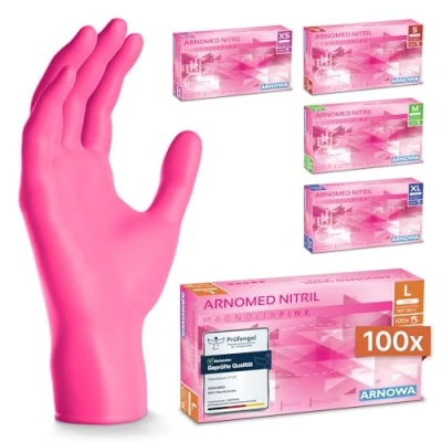 Abbildung von ARNOMED Einweghandschuhe Pink mit 100 Stück/Box, Nitrilhandschuhe L, Einmalhandschuhe, Handschuhe Einweg puderfrei, latexfreie Gummihandschuhe, in XS, S, M, L &amp; XL verfügbar