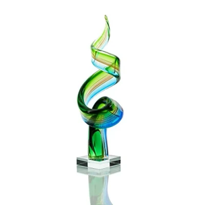 Abbildung von levandeo Designer Skulptur groß aus Glas Design farbliche Akzente in Blau und Grün Sehr Hochwertig Handarbeit Exklusives Unikat Glasskulptur