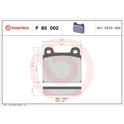 Abbildung von BREMBO P 85 002 Bremsbelagsatz exkl. Verschleißwarnkontakt ohne Zubehör VOLKSWAGEN: TRANSPORTER 2 Bus, 3 Pritsche/Fahrgestell