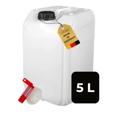 Abbildung von ABACUS® 5 Liter Wasserkanister Natur Chemiekanister Auslaufhahn und Deckel (DIN 51) Lebensmittelecht Indoor Outdoor BPA Frei Säurefest Mit Skala zum Ablesen des Füllstands
