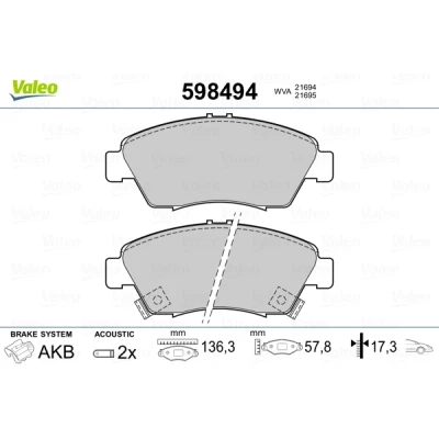 Abbildung von VALEO 598494 Bremsbelagsatz Vorderachse inkl. Verschleißwarnkontakt ohne Anti Quietsch Blech HONDA: CIVIC 7 Hatchback, 6 CRX 3