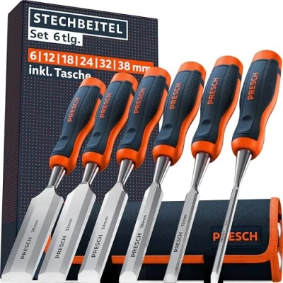 Abbildung von Presch Stechbeitel Set für Holz 6tlg. inkl. Tasche Fertig geschliffene Stemmeisen (6, 12, 18, 24, 32, 38mm) Profi Stecheisen mit 25 Keilwinkel robuster Metallschlagkappe