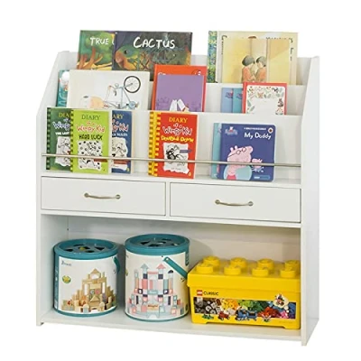 Abbildung von SoBuy KMB39 W Kinder Bücherregal Kinderregal mit Ablagefächern und 2 Schubladen Spielzeugregal Aufbewahrungsregal für Spielzeug Organizer Weiß BHT ca.: 85x86x26cm