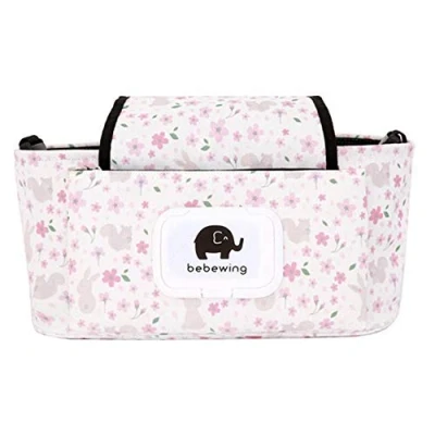 Abbildung von Kinderwagen Organizer, Kinderwagentasche Buggy Organizer Tasche Universal Multifunktion Aufbewahrungstasche Stroller Baby Wickeltasche Zubehör (Pinke Blumen)