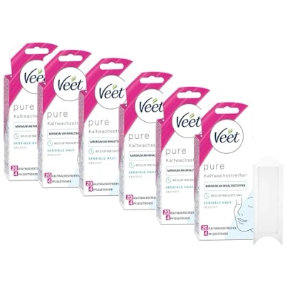 Abbildung von Veet Kaltwachsstreifen Vorteilsset mit Easy Gelwax Technology für das Gesicht Geeignet sensible Haut Bis zu 28 Tage glatte 6 x 20 Doppelstreifen