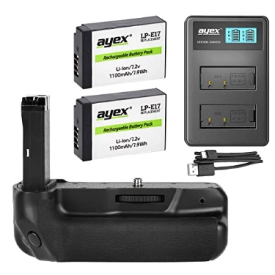 Abbildung von ayex Batteriegriff Passend für Canon EOS 800D 77D 9000D Rebel T7i Kiss X9i ähnlich BG 1X + 2X LP E17 Akku USB Dual Ladegerät Zubehör Set