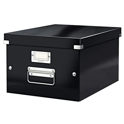 Abbildung von Leitz Click &amp; Store Aufbewahrungsbox mit Deckel Mittel Groß, Box für Unterlagen bis A4 im Büro u. Haushalt, Transportbox aus 85 % recycelter Premium Hartpappe, Stabile Metallgriffe, Schwarz, 60440095