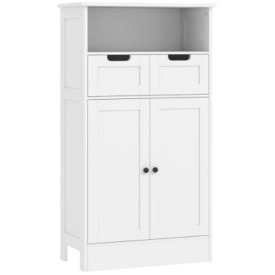 Abbildung von kleankin Badzimmerschrank, Badeschrank, Badkommode mit 2 Schubladen, 1 Türschrank, Ablage verstellbar, MDF, 60 x 30 108,8 cm, Weiß