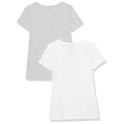 Abbildung von Amazon Essentials Damen Kurzärmeliges T Shirt mit V Ausschnitt, Klassischer Schnitt, 2er Pack, Hellgrau Meliert/Weiß, M