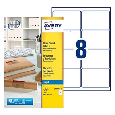 Abbildung von Avery J856525 200 transparente, selbstklebende Etiketten; personalisierbar; 99,1 mm x 67,7 mm; Druck: Inkjet